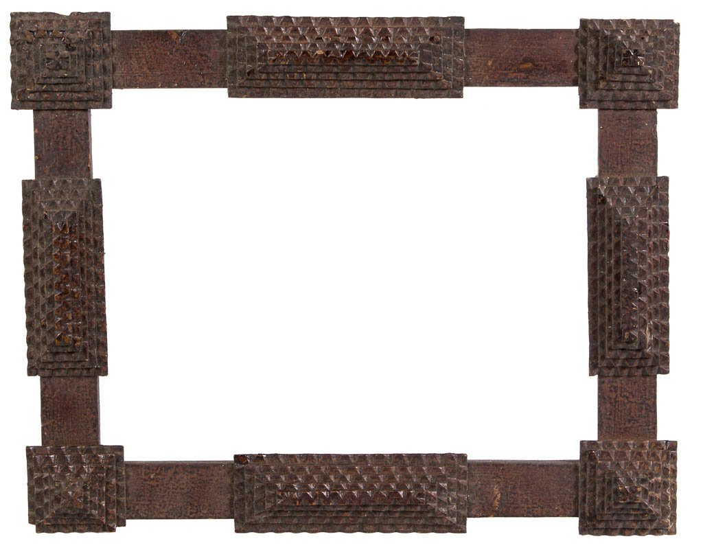 AMERICAN, POSSIBLY SHENANDOAH VALLEY OF VIRGINIA CARVED: AMERICAN, POSSIBLY SHENANDOAH VALLEY OF VIRGINIA CARVED TRAMP ART PICTURE FRAME, applied stepped notch-carved ornaments at corners and sides. Excellent original surface. Found in Strasburg, Shenandoah