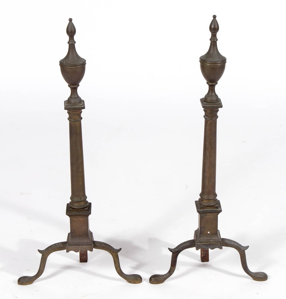 PAIR OF RICHARD WHITTINGHAM (NEW YORK, ACTIVE LATE: PAIR OF RICHARD WHITTINGHAM (NEW YORK, ACTIVE LATE 18TH/EARLY 19TH CENTURY) FEDERAL BRASS ANDIRONS, each urn-top tapered columnar form above molded plinth with double-ogee / cupid's bow lower edge pro