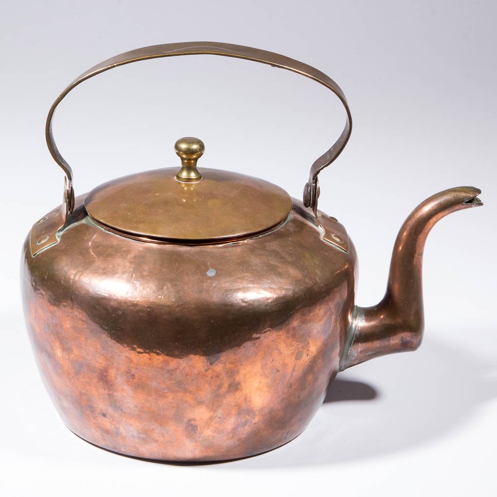 GEORGETOWN / WASHINGTON, DC COPPER HOT WATER / TEA: GEORGETOWN / WASHINGTON, DC COPPER HOT WATER / TEA KETTLE, seamed body, gooseneck spout, and bail handle marked "J. D. CLARK" in arched rectangular reserve. Domed cover with cast-brass finial. Attribu