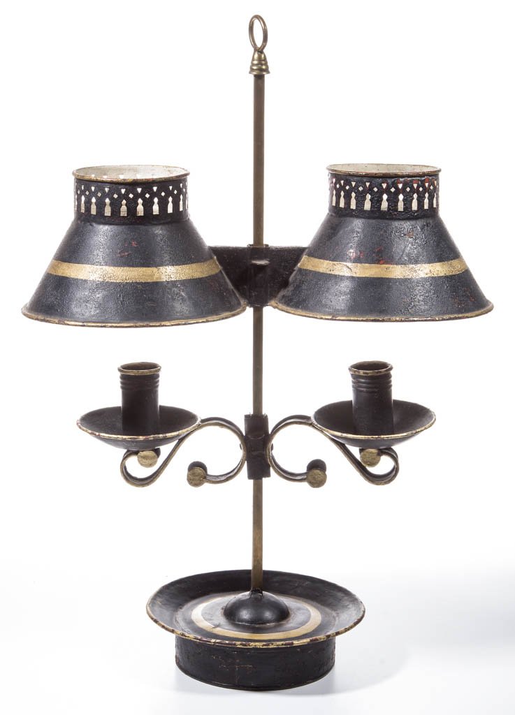 FRENCH SHEET-IRON / TOLE DOUBLE-CANDLE STUDENT LAMP: FRENCH SHEET-IRON / TOLE DOUBLE-CANDLE STUDENT LAMP, shades and holders adjustable in a square brass shaft, supported on a weighted base. Later black and gold paint. 19th century. 20" HOA, 6 7/8" D ba