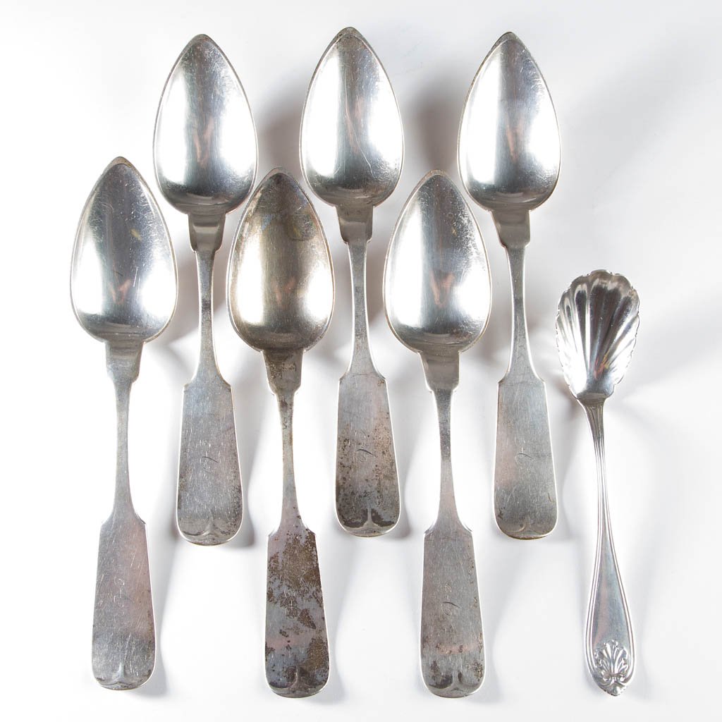 RICHMOND, VIRGINIA COIN SILVER SPOONS, LOT OF SEVEN: RICHMOND, VIRGINIA COIN SILVER SPOONS, LOT OF SEVEN, comprising six forward-tipped fiddle back table spoons, and one preserve spoon with shell-form bowl, each marked "MITCHELL & TYLER" for Mitchell & 