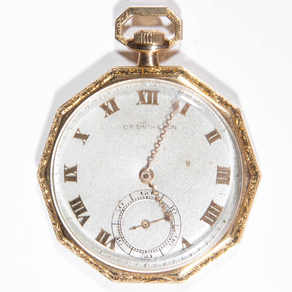 SWISS 14K GOLD CASE 17-JEWEL MAN'S POCKET WATCH: SWISS 14K GOLD CASE 17-JEWEL MAN'S POCKET WATCH, open-face case with snap back, Longines movement serial #3556791, metal dial marked for C. R. Smith & Son, monogramed. Total weight: 12.0 dwt. First qu