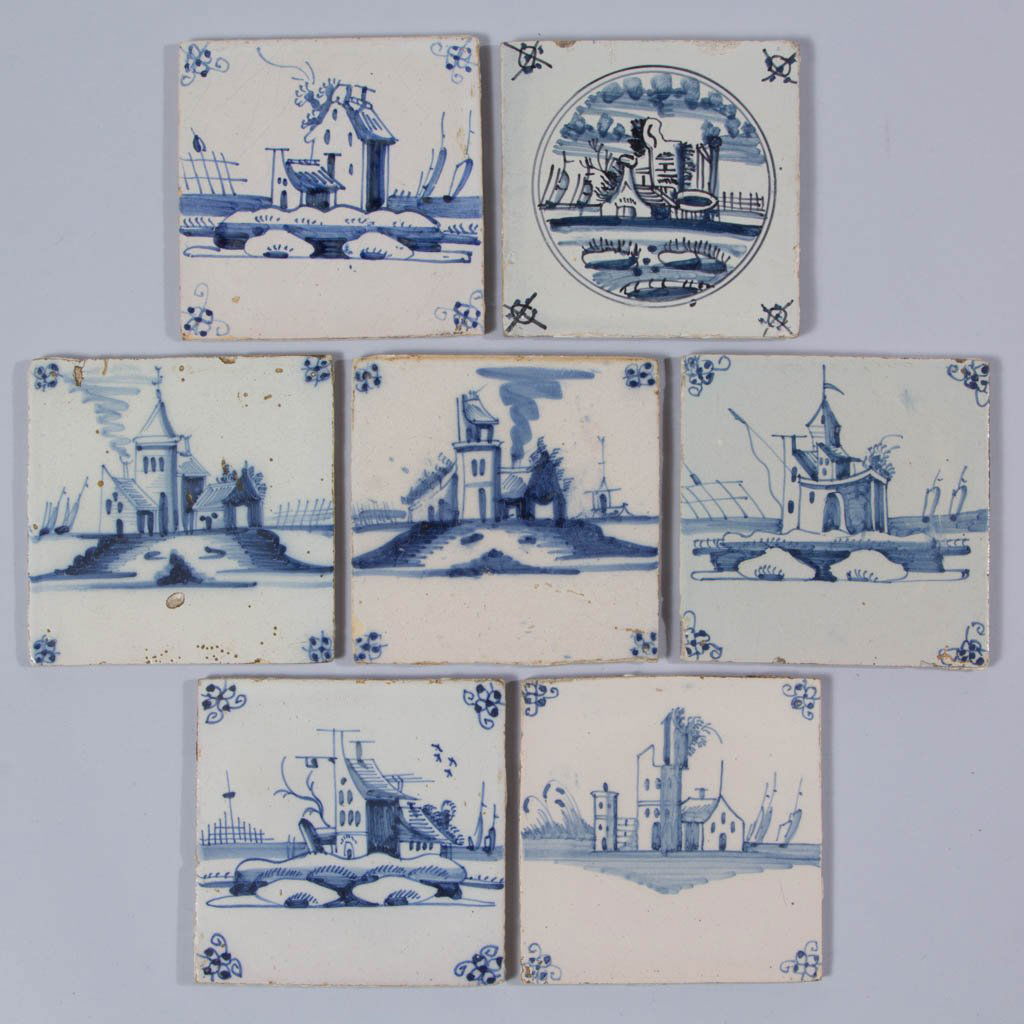DUTCH DELFT TIN-GLAZED EARTHENWARE TILES, LOT OF SEVEN: DUTCH DELFT TIN-GLAZED EARTHENWARE TILES, LOT OF SEVEN, square, painted in blue, and one with manganese purple and blue, all with architectural and landscape scenes. Unmarked. 17th century or later. A