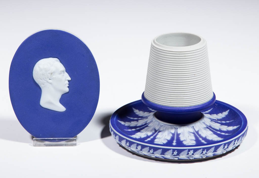 ENGLISH JASPERWARE DIP DARK BLUE CERAMIC ARTICLES, LOT: ENGLISH JASPERWARE DIP DARK BLUE CERAMIC ARTICLES, LOT OF TWO, comprising one plaque having the white sprig bust of James Grahame, Scottish author, and one match holder with strike on sides of central