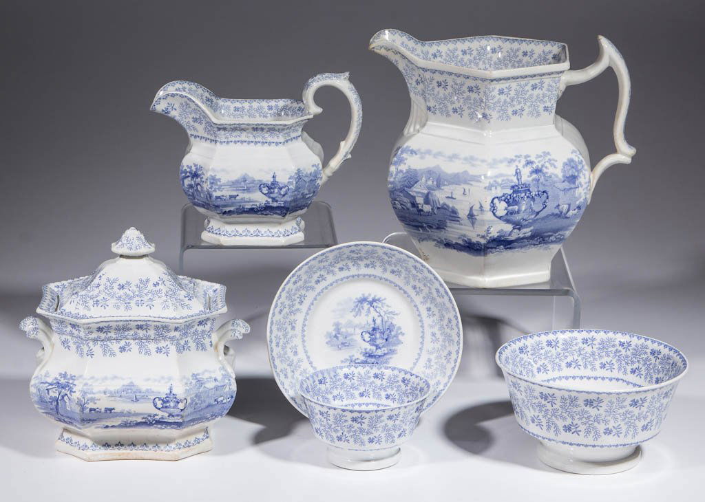 ENGLISH TRANSFER-PRINTED AGRICULTURAL VASE CERAMIC: ENGLISH TRANSFER-PRINTED AGRICULTURAL VASE CERAMIC TABLE ARTICLES, LOT OF SIX, comprising one waste bowl, one low, paneled cream jug, one bulbous paneled pitcher/jug, one paneled covered sugar dish, a