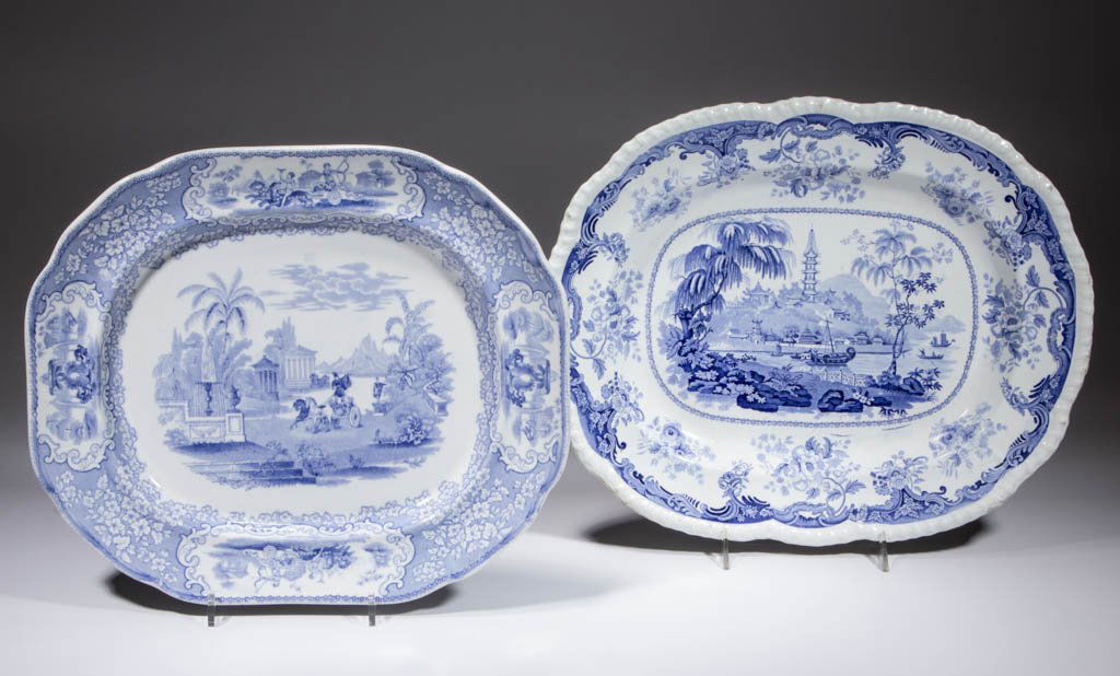 ENGLISH TRANSFER-PRINTED CERAMIC PLATTERS, LOT OF TWO: ENGLISH TRANSFER-PRINTED CERAMIC PLATTERS, LOT OF TWO, comprising one impressed "J & M.P. BELL & CO / ROYAL" for John & Matthew Perston Bell in Glasgow, Scotland, having a classical scene of a man on