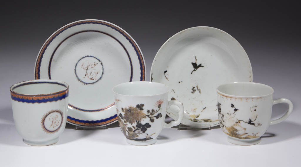 CHINESE EXPORT NANKING CARGO DAISY TERRACE PORCELAIN: CHINESE EXPORT NANKING CARGO DAISY TERRACE PORCELAIN ARTICLES, LOT OF THREE, comprising one cup and saucer set and one cup with molded handle, all with high foot rims, formerly decorated with polychro