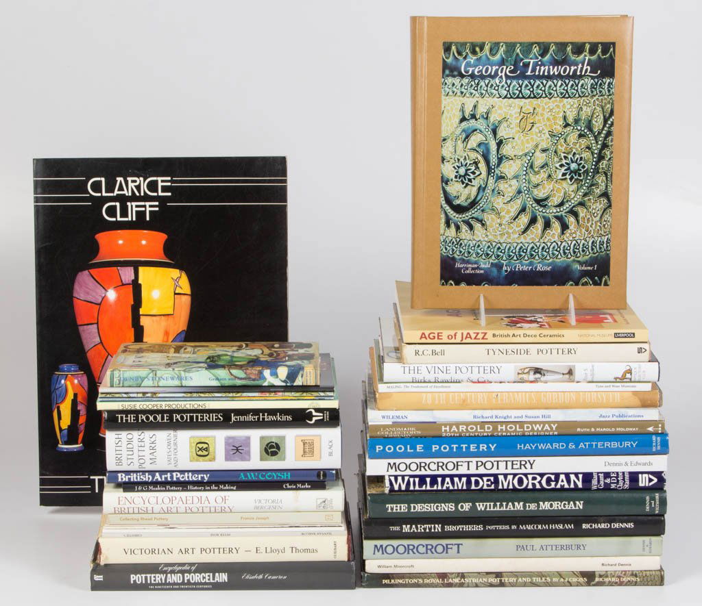 ENGLISH 20TH CENTURY AND ART POTTERY REFERENCE VOLUMES,: ENGLISH 20TH CENTURY AND ART POTTERY REFERENCE VOLUMES, LOT OF 34, including Rose, "George Tinworth", Dennis and Wiltshire, "The Designs of William de Morgan", and a large folio of Griffin and Meisel,