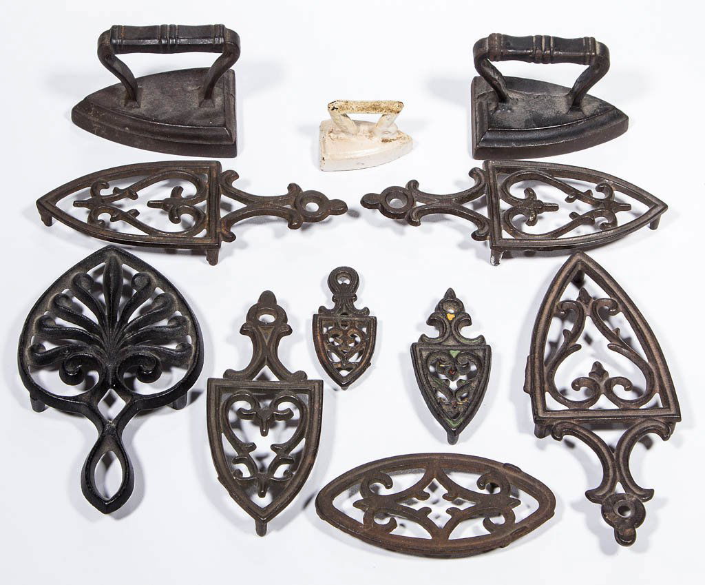 ASSORTED CAST-IRON TOY FLAT IRONS AND TRIVETS, LOT OF (1 of 1)