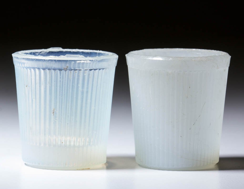 FINE RIB / REEDED (OMN) TOY TUMBLERS, LOT OF TWO: FINE RIB / REEDED (OMN) TOY TUMBLERS, LOT OF TWO, opalescent and alabaster/clambroth. Boston & Sandwich Glass Co., New England Glass Co., and possibly others. Third quarter 19th century. Both 1 3/4" H