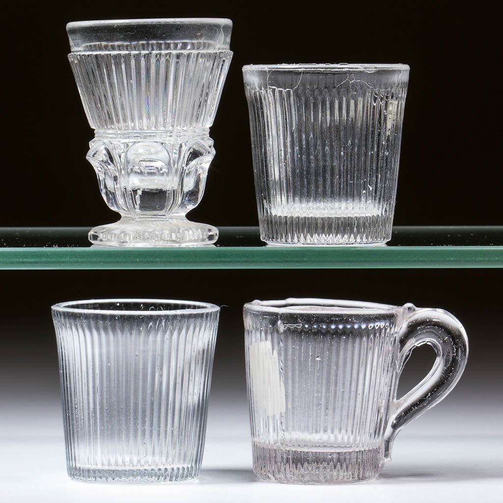 FINE RIB / REEDED (OMN) CHILDREN'S TOY ARTICLES, LOT OF: FINE RIB / REEDED (OMN) CHILDREN'S TOY ARTICLES, LOT OF FOUR, colorless, comprising two tumblers, a lemonade, and a spooner. Boston & Sandwich Glass Co., New England Glass Co., and possibly others. Th