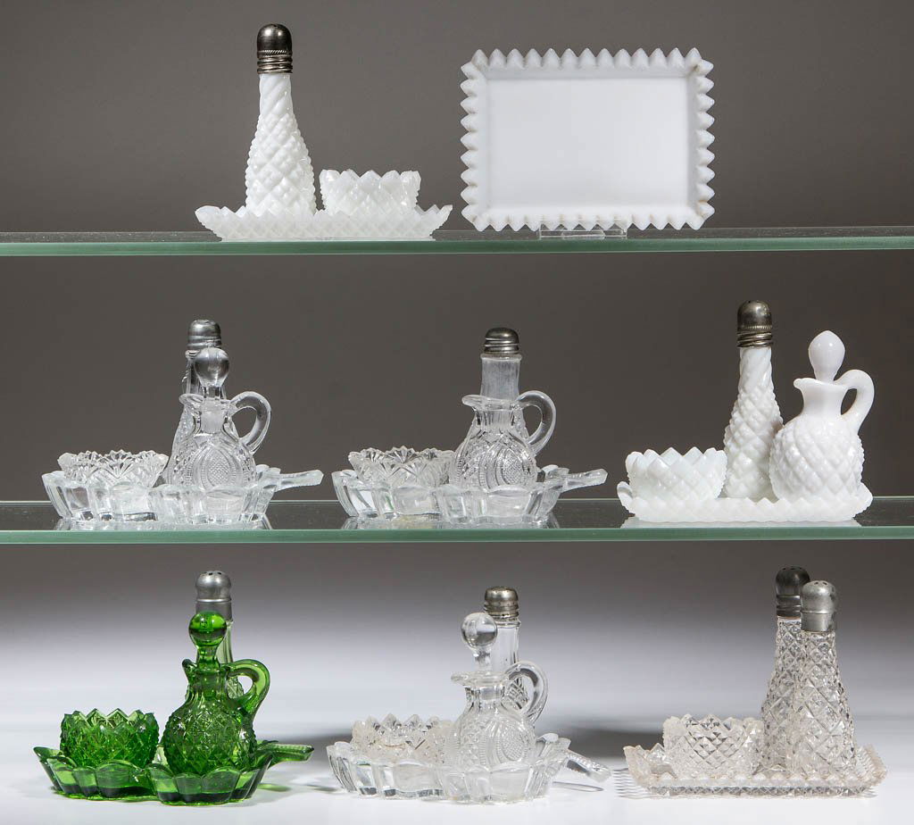 ASSORTED PRESSED CHILDREN'S GLASS TOY CONDIMENT SETS, (1 of 1)