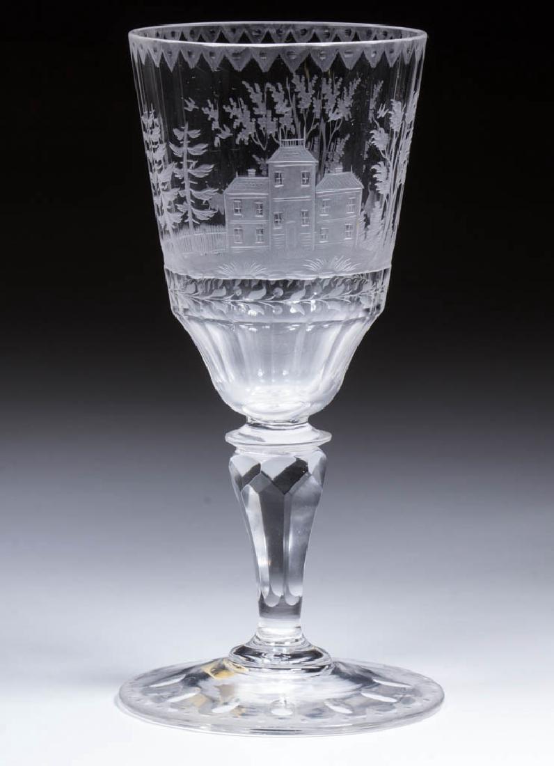 LOBMEYR, AUSTRIA FREE-BLOWN, CUT, AND WINE GLASS: LOBMEYR, AUSTRIA FREE-BLOWN, CUT, AND WINE GLASS, colorless non-lead glass, panel-cut ogee bowl finely engraved with landscape scene featuring a three-bay manor house, and a hunter and dog chasing a b