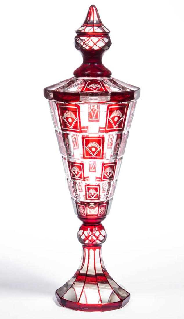BOHEMIAN CUT AND ENGRAVED ART DECO POKAL AND COVER (1 of 1)