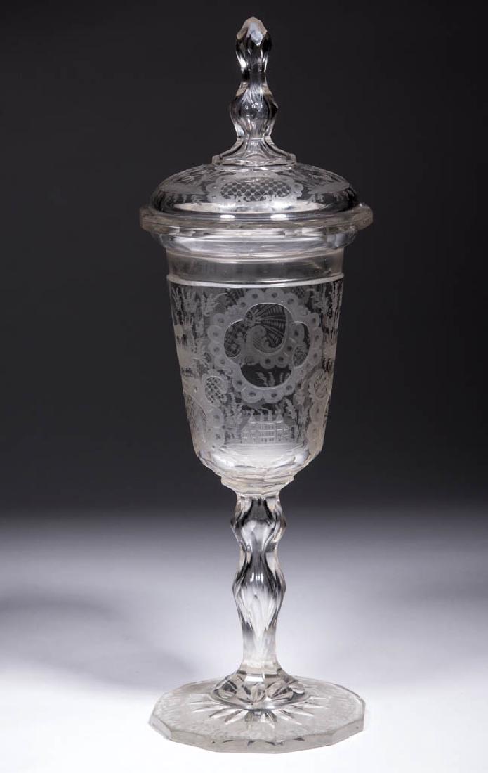 BOHEMIAN CUT AND ENGRAVED POKAL AND COVER (1 of 3)