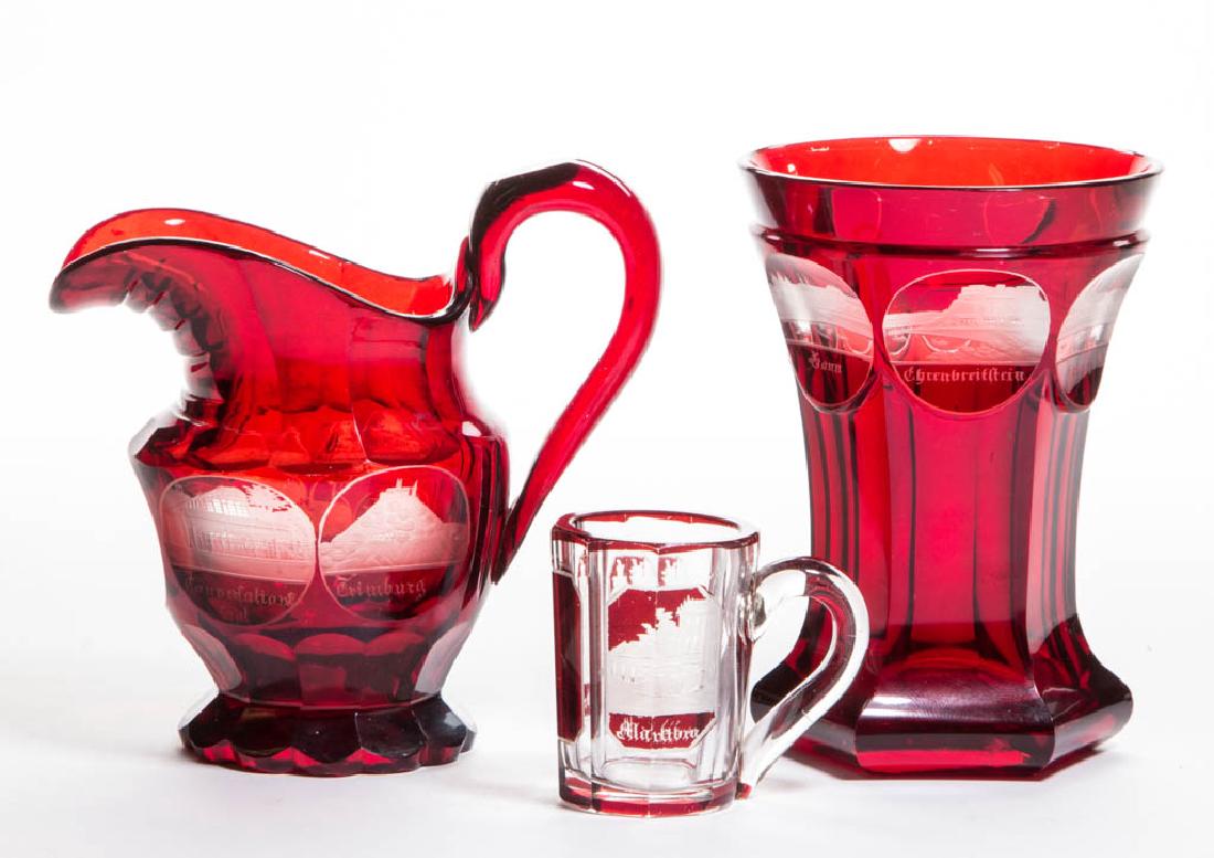 BOHEMIAN ENGRAVED - RUBY-STAINED ARTICLES, LOT OF THREE (1 of 1)