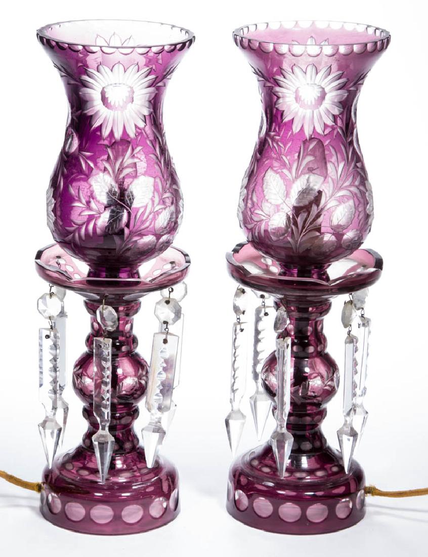 CUT OVERLAY FLORAL PAIR OF ELECTRIC MANTLE LUSTER LAMPS (1 of 1)