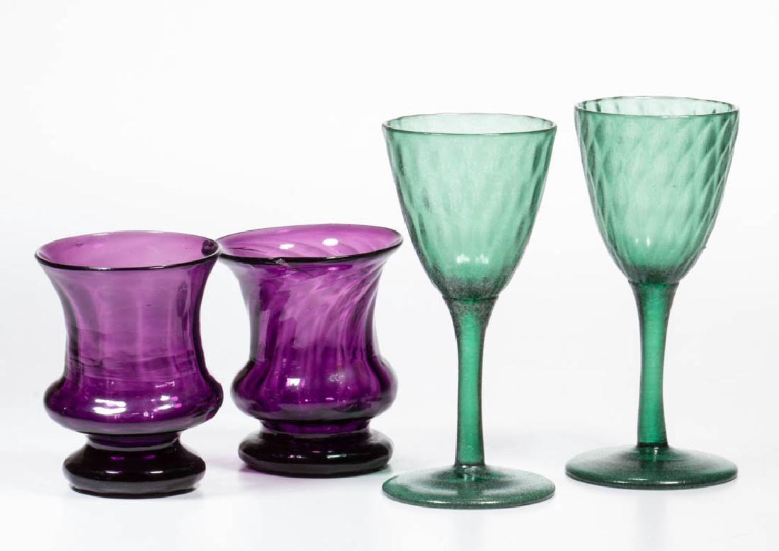 ASSORTED PATTERN-MOLDED ARTICLES, LOT OF FOUR: ASSORTED PATTERN-MOLDED ARTICLES, LOT OF FOUR, comprising two amethyst cordial glasses with 13 ribs, and two green diamond wines with lightly sanded surface, each with rough pontil mark. 19th or 20th 