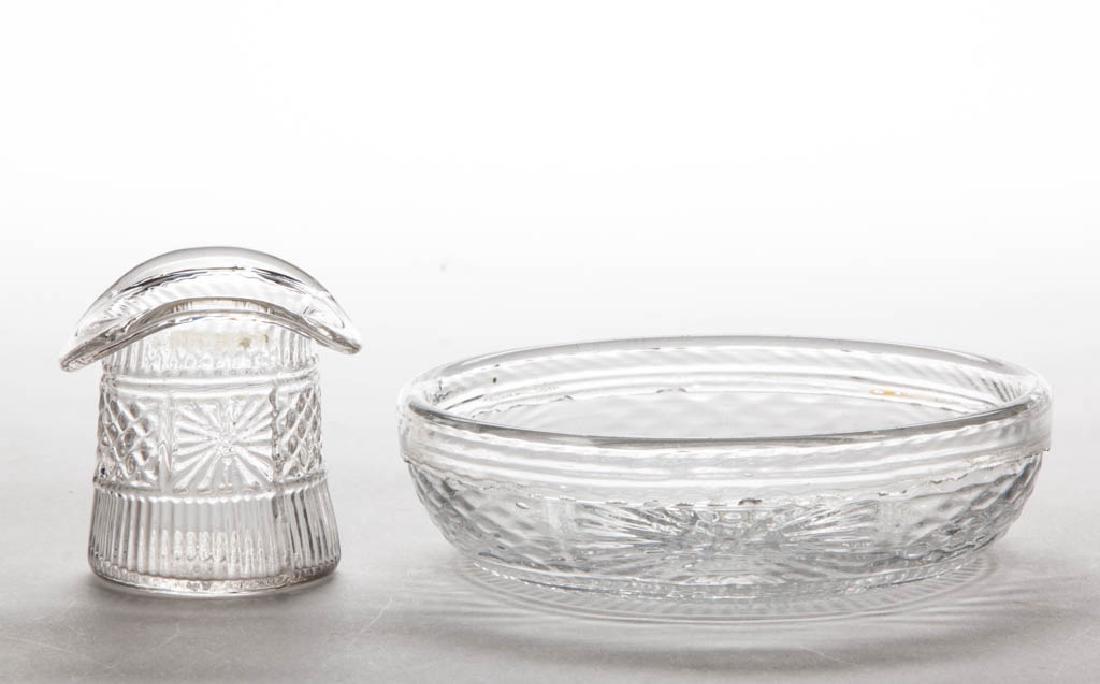 BLOWN-MOLDED GIII-4 ARTICLES, LOT OF TWO: BLOWN-MOLDED GIII-4 ARTICLES, LOT OF TWO, colorless, comprising a bowl with a folded-over rim and a variant hat toothpick holder, each with a Rayed Type VI.A base and rough pontil mark. Boston & Sandw
