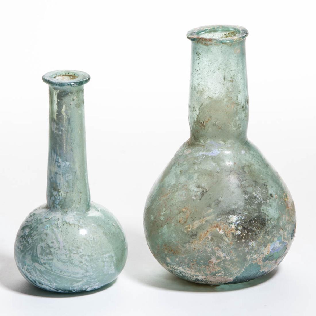 ANCIENT ROMAN GLASS BOTTLES / UNGUENTARIUMS, LOT OF TWO (1 of 1)