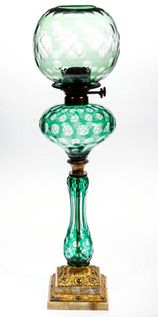 CUT OVERLAY PANEL AND PUNTY KEROSENE BANQUET STAND LAMP (1 of 3)