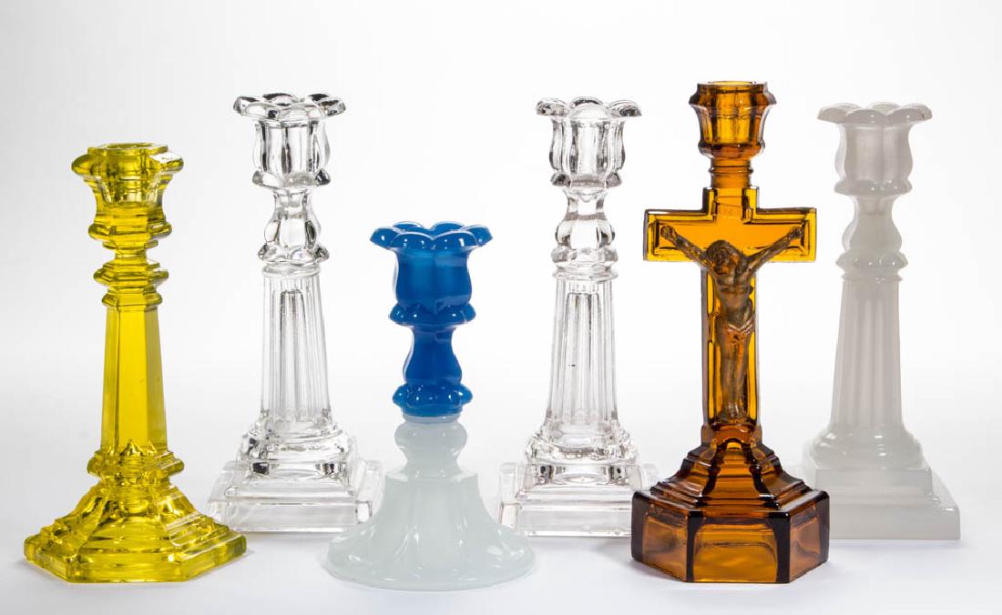 ASSORTED PRESSED GLASS CANDLESTICKS, LOT OF SIX (1 of 1)