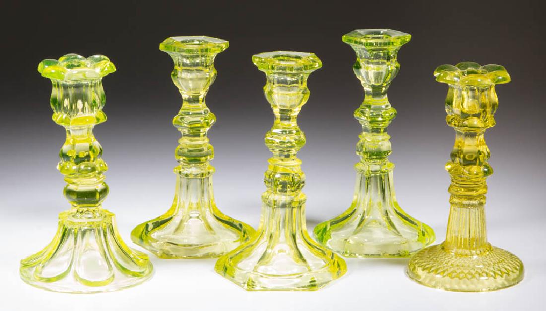 ASSORTED PRESSED CANARY GLASS CANDLESTICKS, LOT OF FIVE (1 of 1)