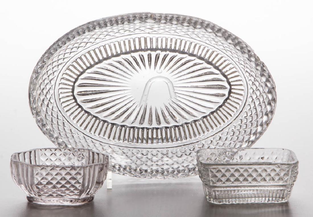 BLOW-OVER AND CRACK-OFF ARTICLES, LOT OF THREE: BLOW-OVER AND CRACK-OFF ARTICLES, LOT OF THREE, colorless, comprising an oval dish with diamonds above ribs on sides and a rayed base with polished pontil mark, a rectangular salt with matching patter