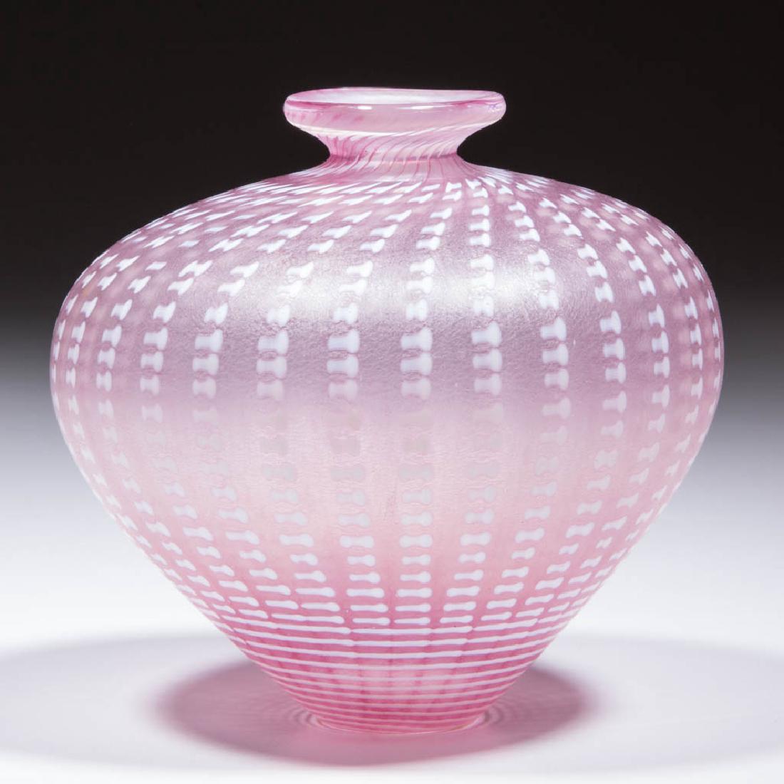 BERTIL VALLEIN / KOSTA BODA STUDIO ART GLASS VASE: BERTIL VALLEIN / KOSTA BODA STUDIO ART GLASS VASE, rose with opal decoration, tapered bulbous form with a polished base, signed and numbered. Sweden. 21st century. 4" H. Undamaged. Provenance: Collect
