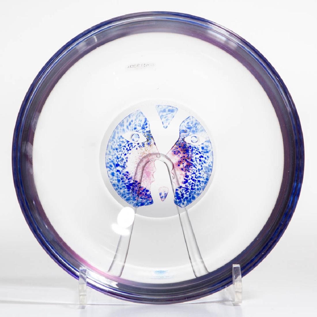 BERTIL VALLEIN / KOSTA BODA STUDIO ART GLASS BOWL: BERTIL VALLEIN / KOSTA BODA STUDIO ART GLASS BOWL, colorless with mottled blue and rose glass making up the decoration, retains original label, polished base, signed and numbered. Sweden. 21st century