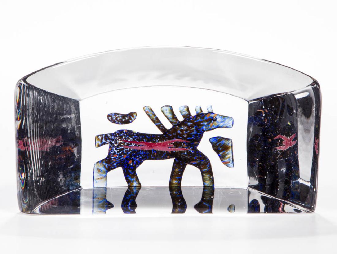 BERTIL VALLIEN / KOSTA BODA STUDIO ART GLASS HORSE: BERTIL VALLIEN / KOSTA BODA STUDIO ART GLASS HORSE SCENE SCULPTURE, colorless, polychrome mottled horse with human figure on the interior, signed "KOSTA BODA/ B. VALLIEN/ 99575". Sweden. Late 20th/ear