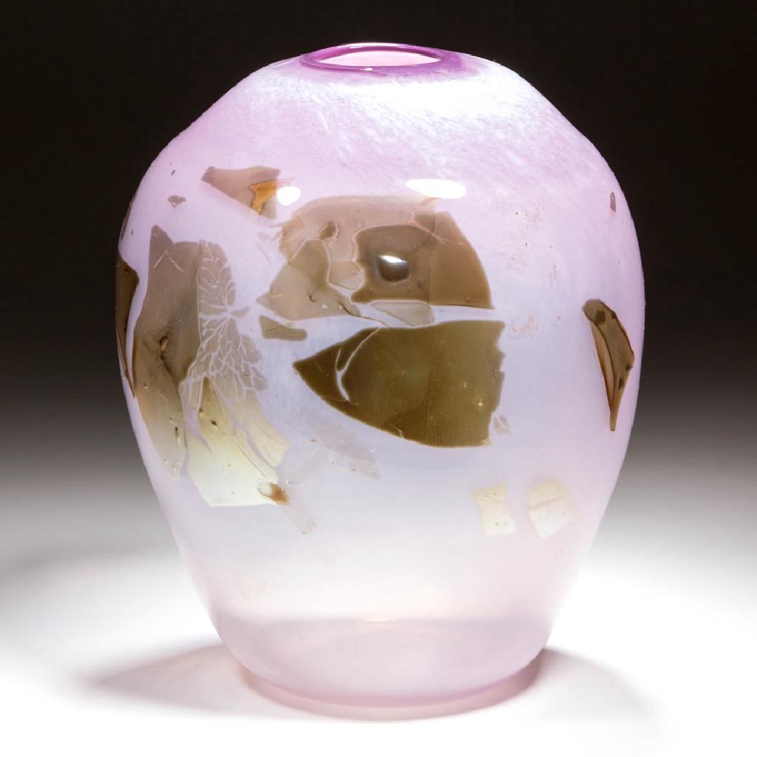 STUDIO ART GLASS VASE: STUDIO ART GLASS VASE, lavender shading to an overall translucent rose, brown iridescent decoration, rough pontil mark, illegibly signed, dated "'80". 1980. 9" H, 7" DOA.Virtually undamaged with scatt