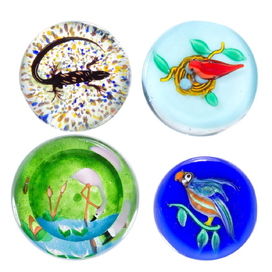 ASSORTED ART GLASS LAMPWORK PAPERWEIGHTS, LOT OF FOUR: ASSORTED ART GLASS LAMPWORK PAPERWEIGHTS, LOT OF FOUR, including a Harold Hacker example depicting a black and orange lizard on pebbled ground, signed "Harold Hacker"; a Robert Hansen example depictin