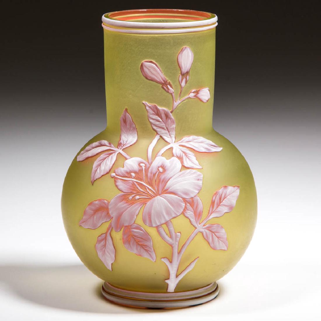 ENGLISH CAMEO THREE-COLOR VASE: ENGLISH CAMEO THREE-COLOR VASE, white to ruby to golden yellow, floral carving, single butterfly on the reverse, factory polished rim, table ring, signed, "THOMAS WEBB & SONS". Probably Thomas Webb &