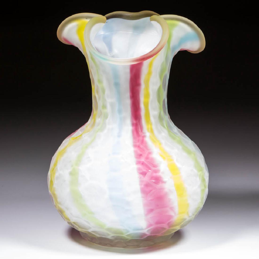 WEBB CASED RAINBOW VASE: WEBB CASED RAINBOW VASE, opal interiors, satin finish exterior, bulbous base, crimped rim, honeycomb pattern, polished pontil mark, signed to underside. Thomas Webb & Sons. Late 19th/early 20th centur