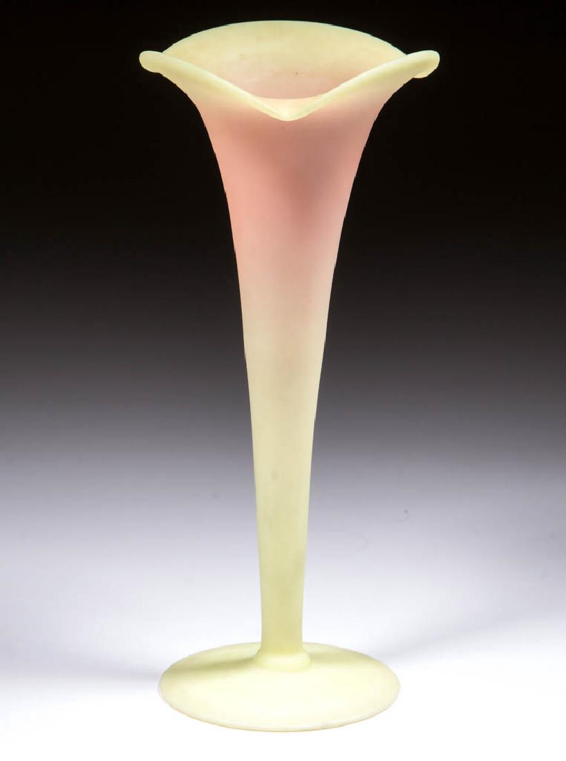 MT. WASHINGTON BURMESE LILY VASE: MT. WASHINGTON BURMESE LILY VASE, plush finish, tooled rim, and polished pontil mark. Mt. Washington Glass Co. Fourth quarter 19th century. 7 3/4" H. Undamaged. Provenance: From a New Jersey private c