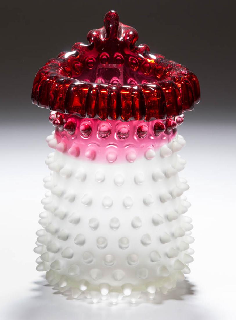 HOBNAIL / DEW DROP RUBINA VASE: HOBNAIL / DEW DROP RUBINA VASE, frosted base, cylindrical form, folded-over rim, rough pontil mark. Maker unverified. Late 19th/early 20th century. 9" HOA, 5 1/4" D rim. Excellent condition overall wi