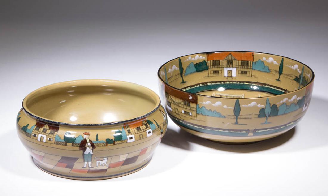 BUFFALO POTTERY DELDARE BOWLS, LOT OF TWO: BUFFALO POTTERY DELDARE BOWLS, LOT OF TWO, comprising one 3 3/8" H and 8" D with "YE VILLAGE STREET" and artist signature "STREDSEL"; and one 3 3/4" H and 9 3/16" D with "Ye Village Tavern" on interio