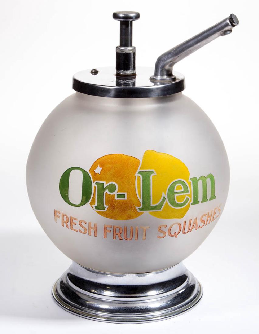 OR-LEM FRESH FRUIT FROSTED GLASS SYRUP DISPENSER: OR-LEM FRESH FRUIT FROSTED GLASS SYRUP DISPENSER, colorless, lightly incised with figural lemons and within "Or-Lem / FRESH FRUIT SQUASHES", reverse of graphics with a single unfrosted band, chrome-pl