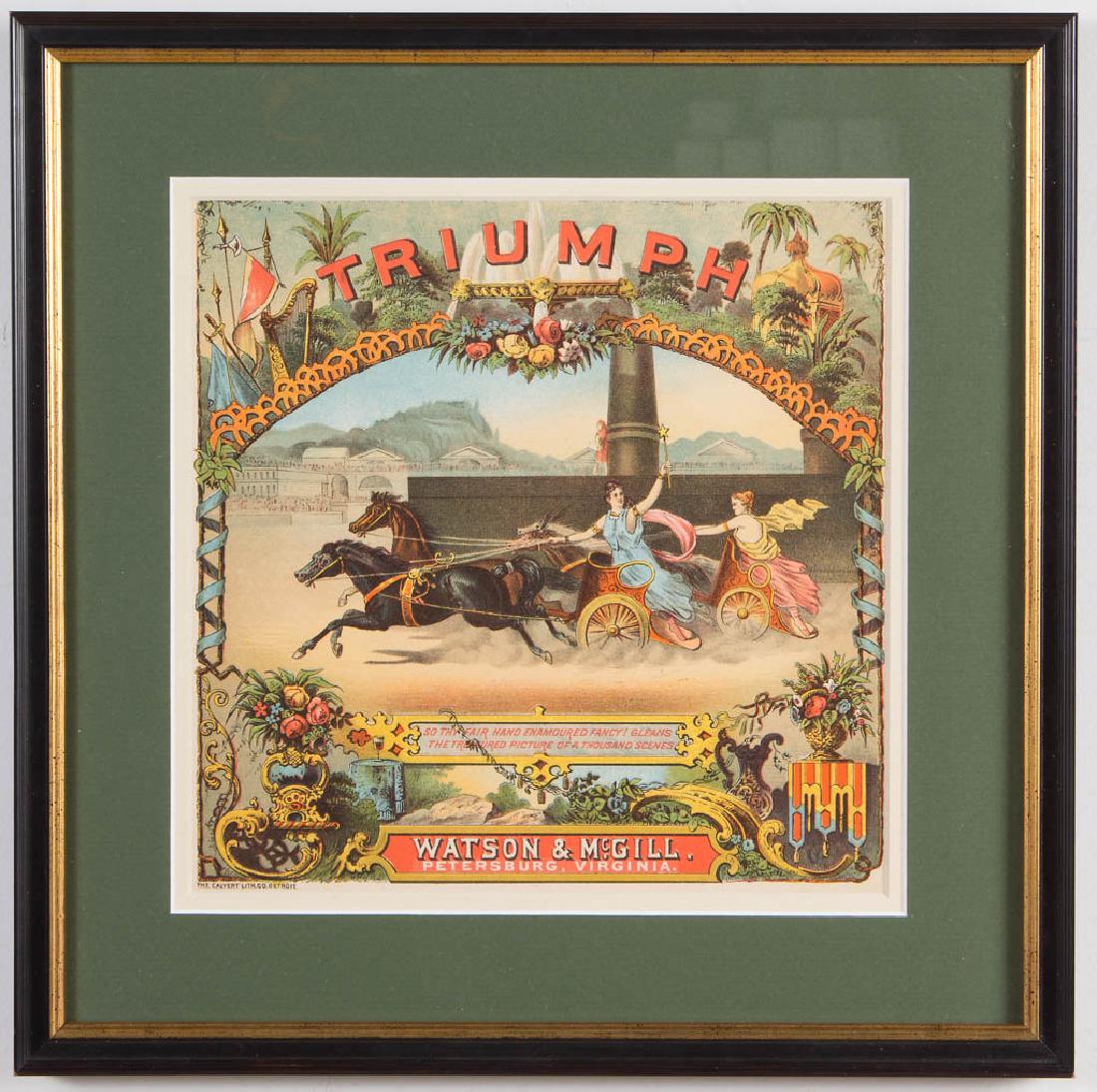 VIRGINIA TRIUMPH TOBACCO CADDY LABEL: VIRGINIA TRIUMPH TOBACCO CADDY LABEL, full-color lithograph on paper with graphic imagery, Watson & McGill, Petersburg, VA. Professionally framed and matted. Circa 1880. Roughly 10" x 10" sight, 15" x