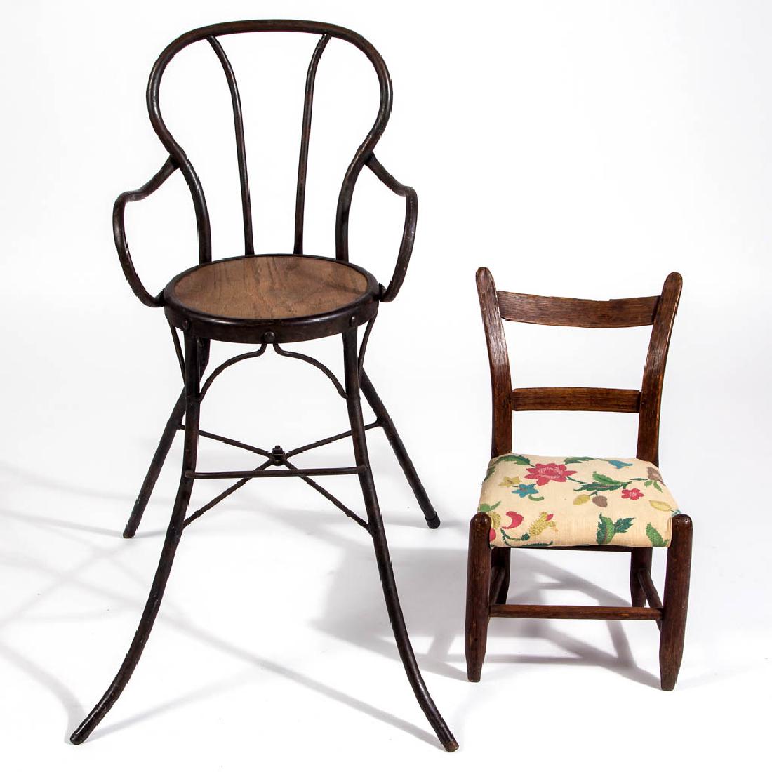 AMERICAN, POSSIBLY SOUTHERN, OAK LADDERBACK CHILD'S: AMERICAN, POSSIBLY SOUTHERN, OAK LADDERBACK CHILD'S CHAIR, "mule ear" posts and two-slat back, fabric covered seat and box stretcher. Old surface with warm color. Together with an ice cream style meta