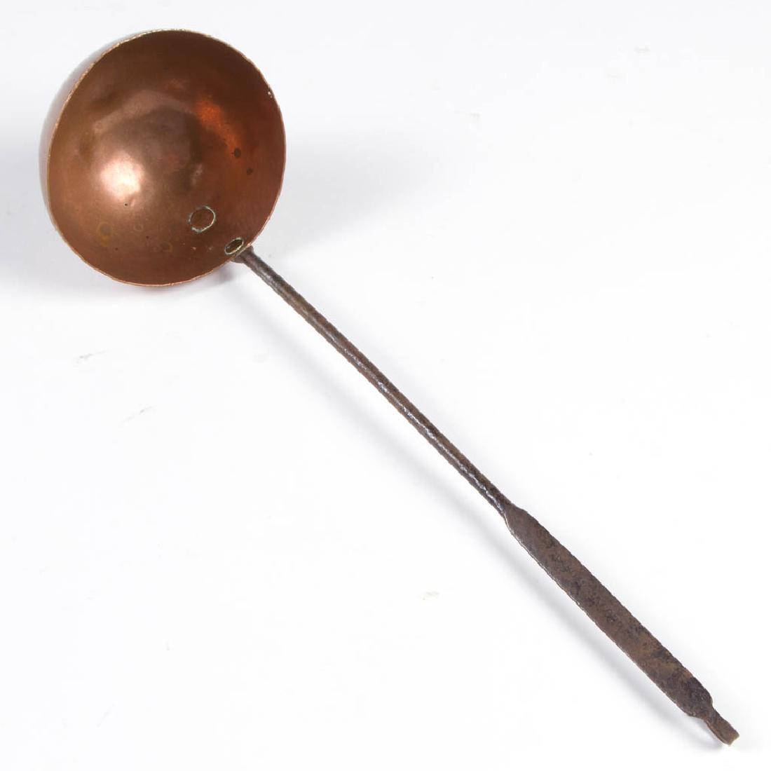 SIGNED AARON JACOBS WROUGHT-IRON AND COPPER HEARTH /: SIGNED AARON JACOBS WROUGHT-IRON AND COPPER HEARTH / KITCHEN LADLE / DIPPER, deep copper bowl, wrought iron handle terminating in a hanging curl and stamped with makers name. 1870-1910. 14 1/4" Long. 