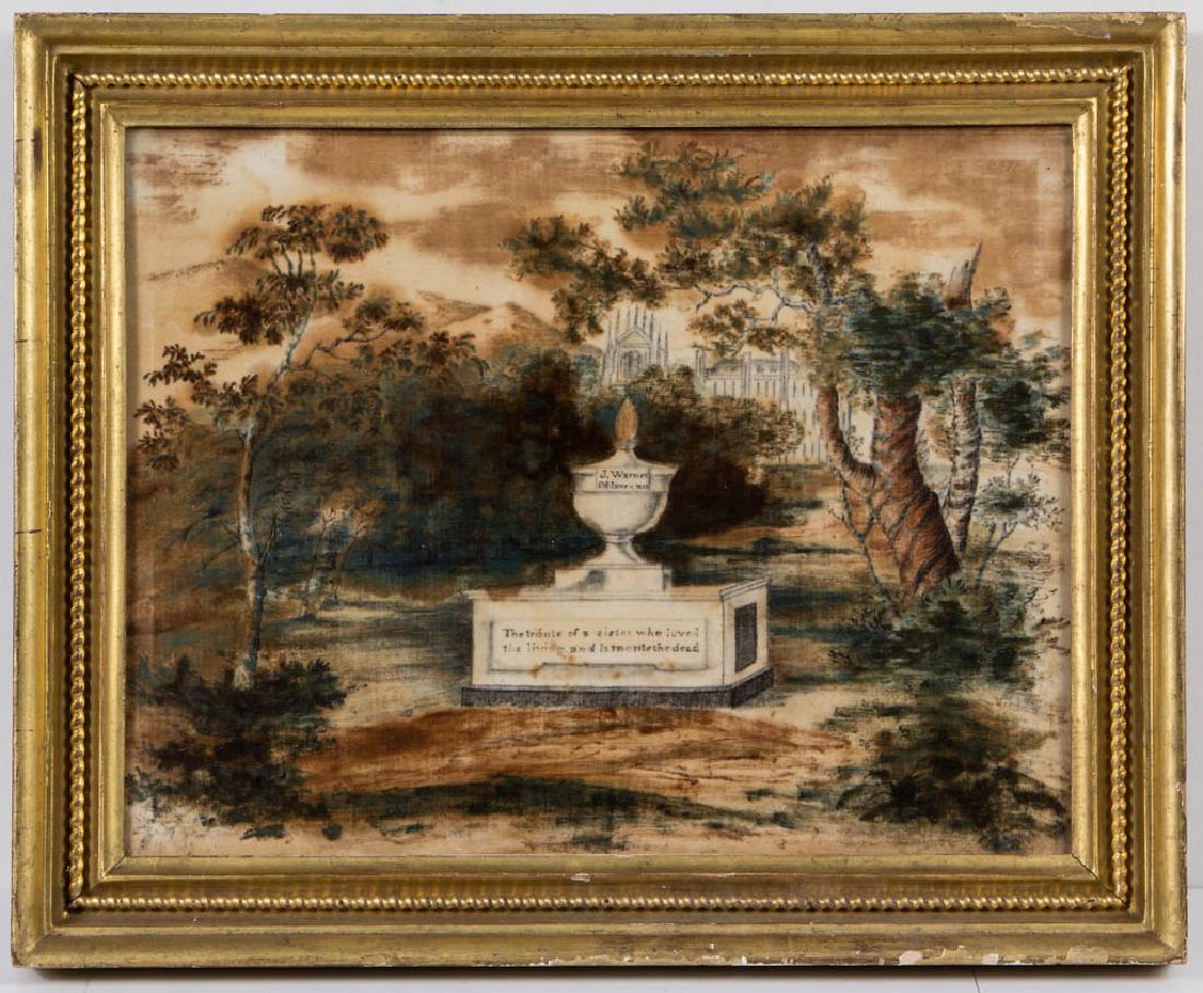 AMERICAN SCHOOL (19TH CENTURY) FOLK ART MOURNING: AMERICAN SCHOOL (19TH CENTURY) FOLK ART MOURNING PICTURE, watercolor and ink on velvet, fantastical landscape setting with castle in background, urn-form monument for "J. Warner / OB. June 11, 1812" s