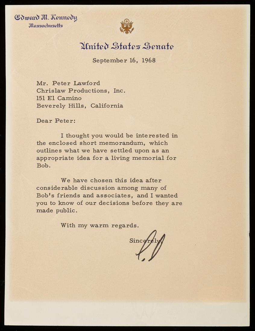 Kennedy, Edward Moore; Typed Letter Signed as US: Kennedy, Edward Moore; Typed Letter Signed as US Senator to Actor Peter Lawford Regarding a Living Memorial to Robert Kennedy, 1968 (1932-2009) Ted Kennedy served as a US Senator from Massachusetts fo