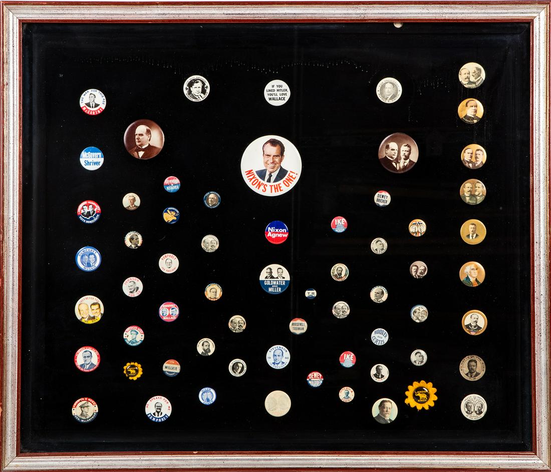 Impressive, 60+ Presidential Campaign Button Collection: Impressive, 60+ Presidential Campaign Button Collection in Custom Shadow Box. Collection of 63 campaign buttons framed, primarily for presidential elections. They include: McKinley/Roosevelt, Wilson/G