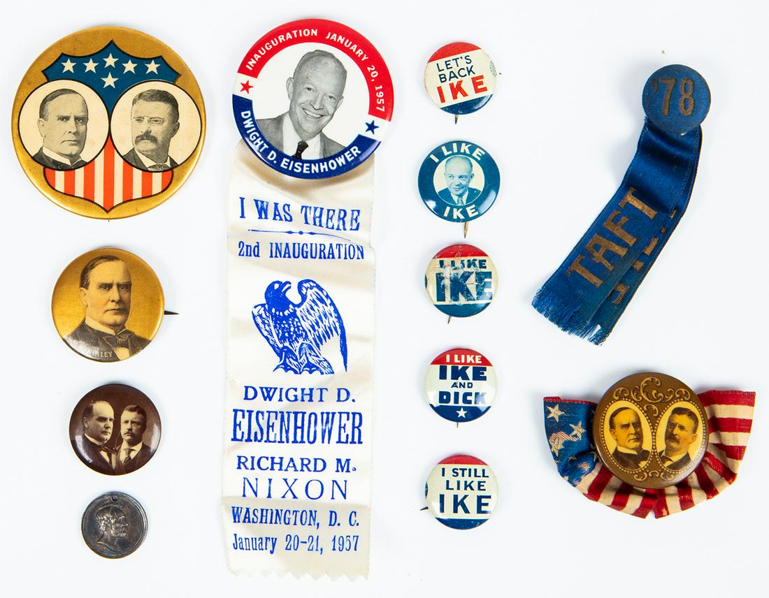 Very Scarce Political Buttons: Abraham Lincoln Meadlet,: Very Scarce Political Buttons: Abraham Lincoln Meadlet, Four (4) McKinley/Roosevelt Campaign Button Yale Taft Ribbon and (6) Eisenhower. 1.) Rare Abraham Lincoln re-election dime-sized silver medalet 