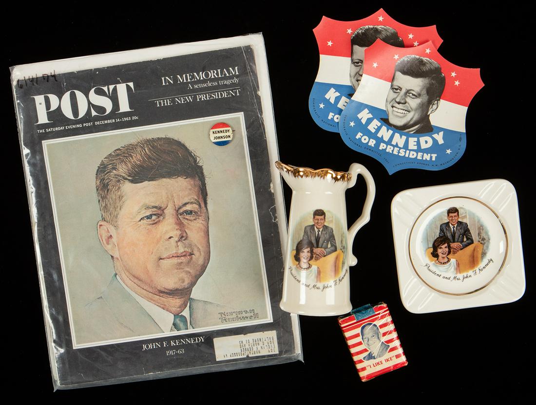Collection of Political Ephemera with a Focus On John: Collection of Political Ephemera with a Focus On John F. Kennedy. Fine little collection of political buttons, campaign swag and commemorative pieces. 2.) The oldest piece is a pack of smokes imprinte