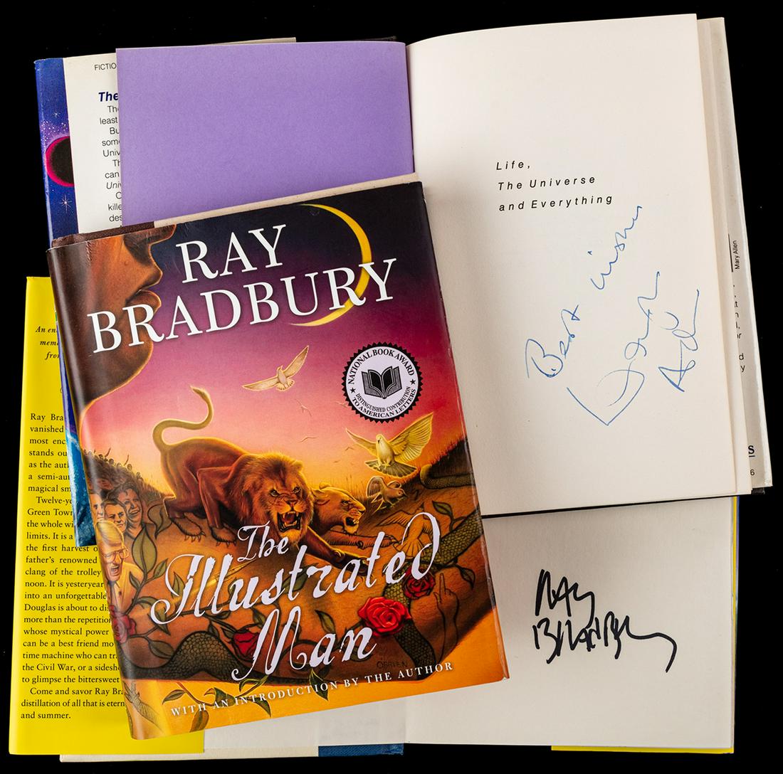 Bradbury, Ray and Douglas Adams -- Three Signed Books: Bradbury, Ray and Douglas Adams -- Three Signed Books. Ray Bradbury (1920-2012) was an American author and screenwriter best known for Fahrenheit 451. Two books signed on the first endpage. The books