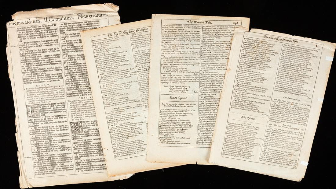 Shakespeare, William and Philip Chetwinde. Mr. William: Shakespeare, William and Philip Chetwinde. Mr. William Shakespeare's Comedies, Histories and Tragedies 1663-1664. Four (4) leaves from Shakespeare's 3rd Folio is sometimes found with a 1663 date on th