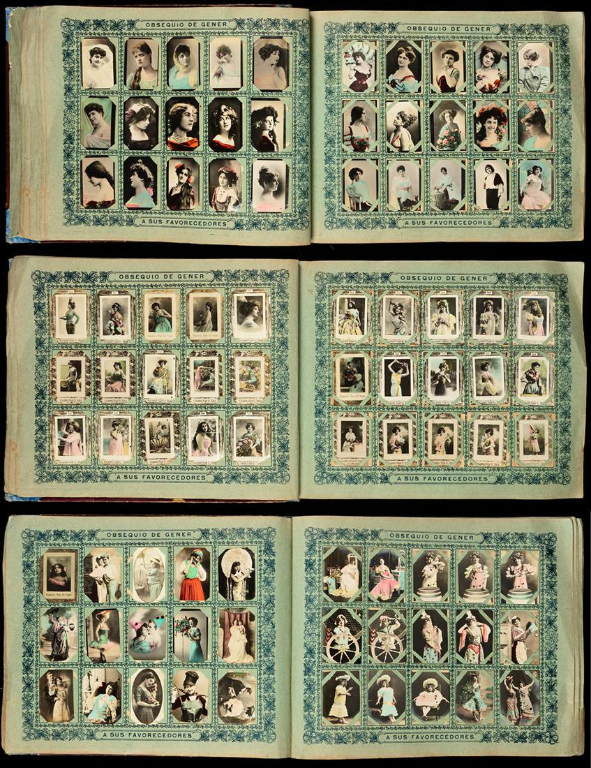 Exceptional Collection of 500+ Early 20th Century, Hand: Exceptional Collection of 500+ Early 20th Century, Hand Tinted Cuban Cigar/Cigarette Photo Cards in Collectors Album, "Flor El Todo". Very impressive collection of 500+ hand tinted photo cards from Cu